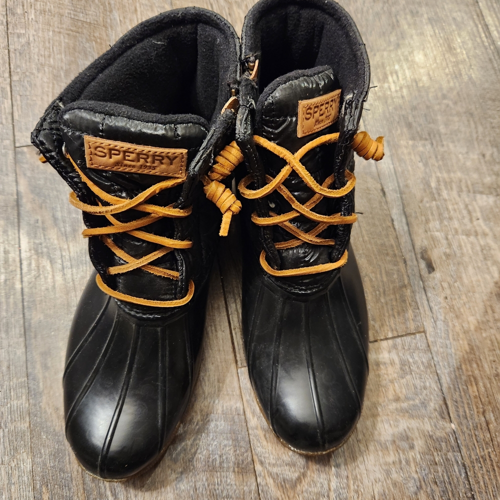Sperry Black Duck Boots with Tan Laces
